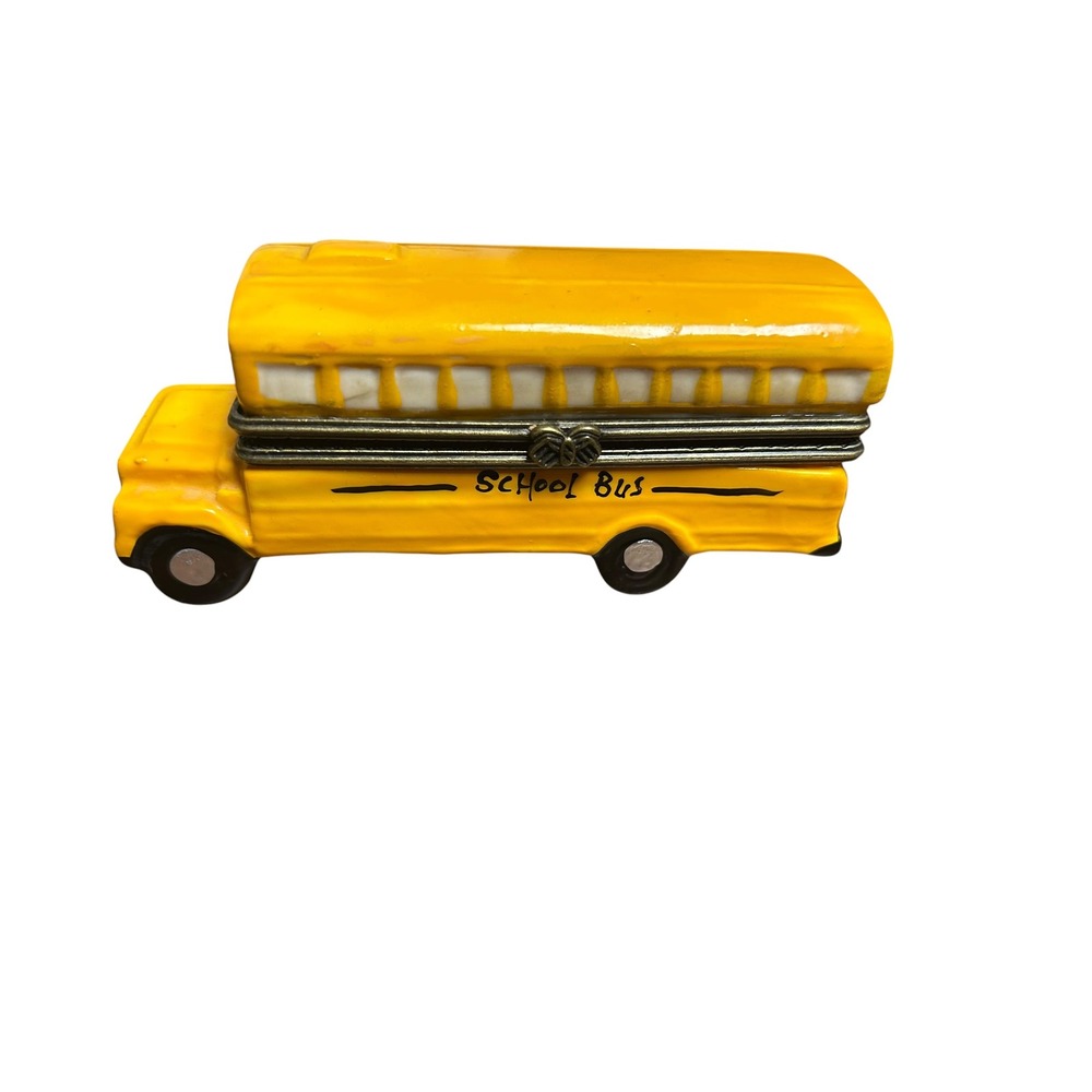 Vintage Hand Painted Ceramic School Bus Hinge Trinket Box Yellow Gold Bow Clasp